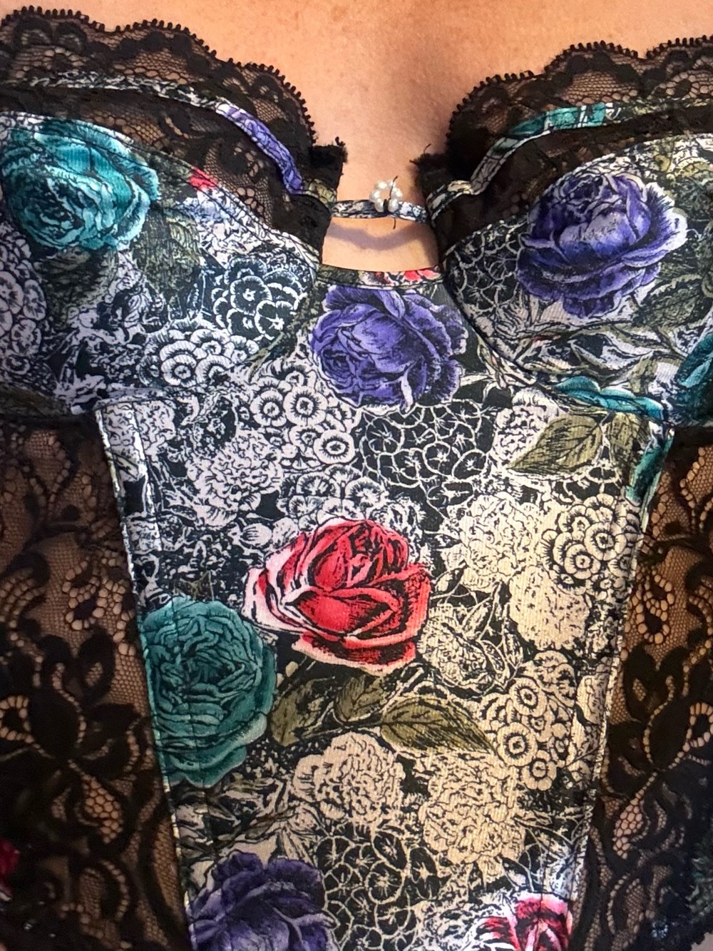 Dior Black Lace Floral Bustier with Red, Teal & Purple Roses
